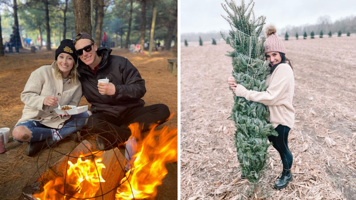 Couple sitting by a campfire. Right: Woman holding a Christmas tree at a tree farm.