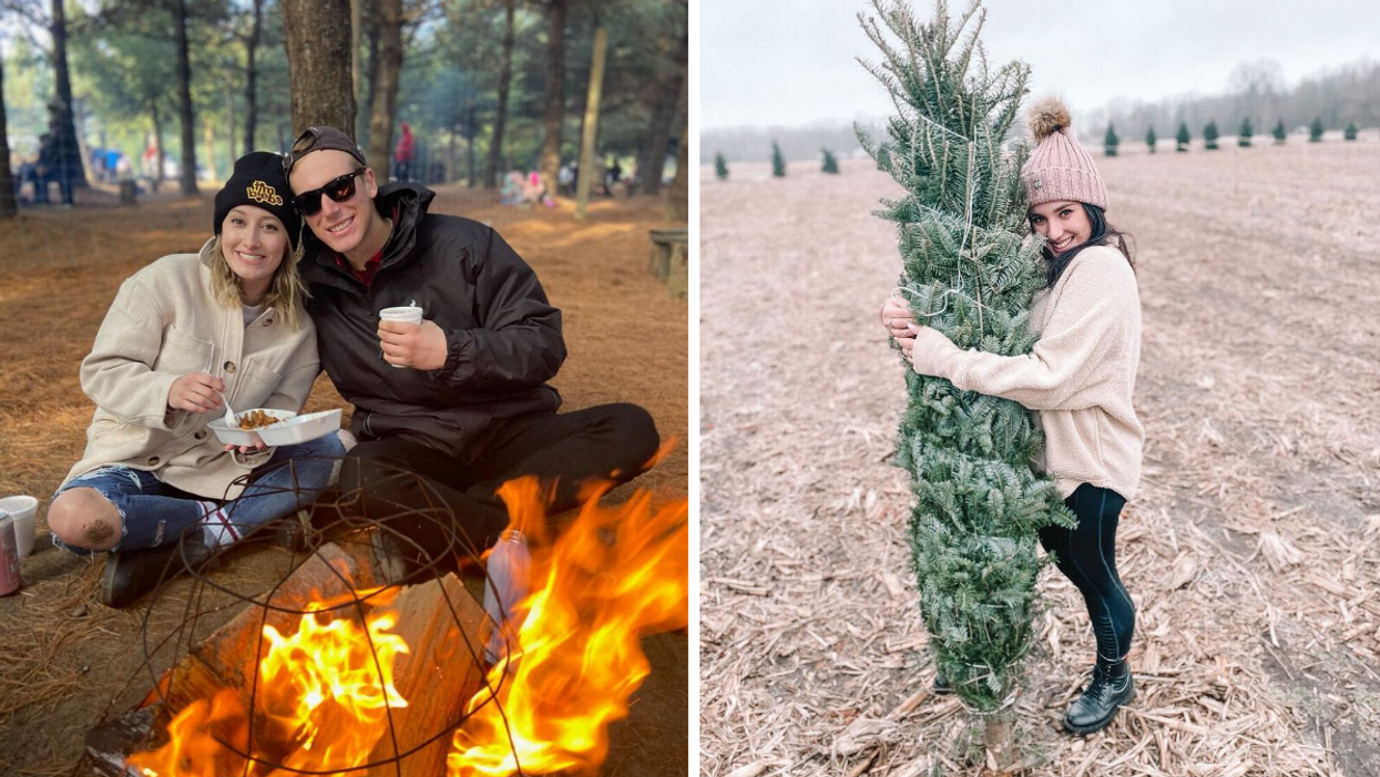 Couple sitting by a campfire. Right: Woman holding a Christmas tree at a tree farm.