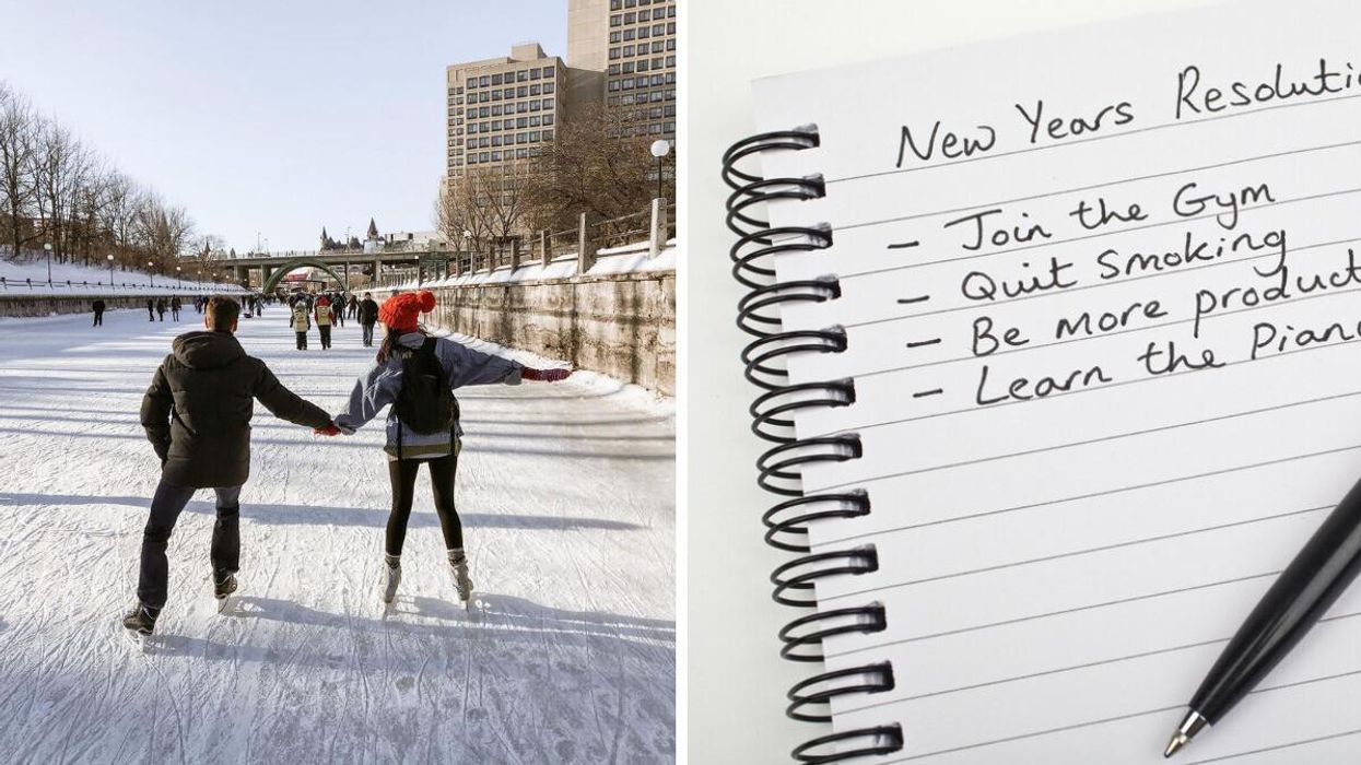 Couple skating on the Rideau Canal. Right: List of New Year Resolutions.