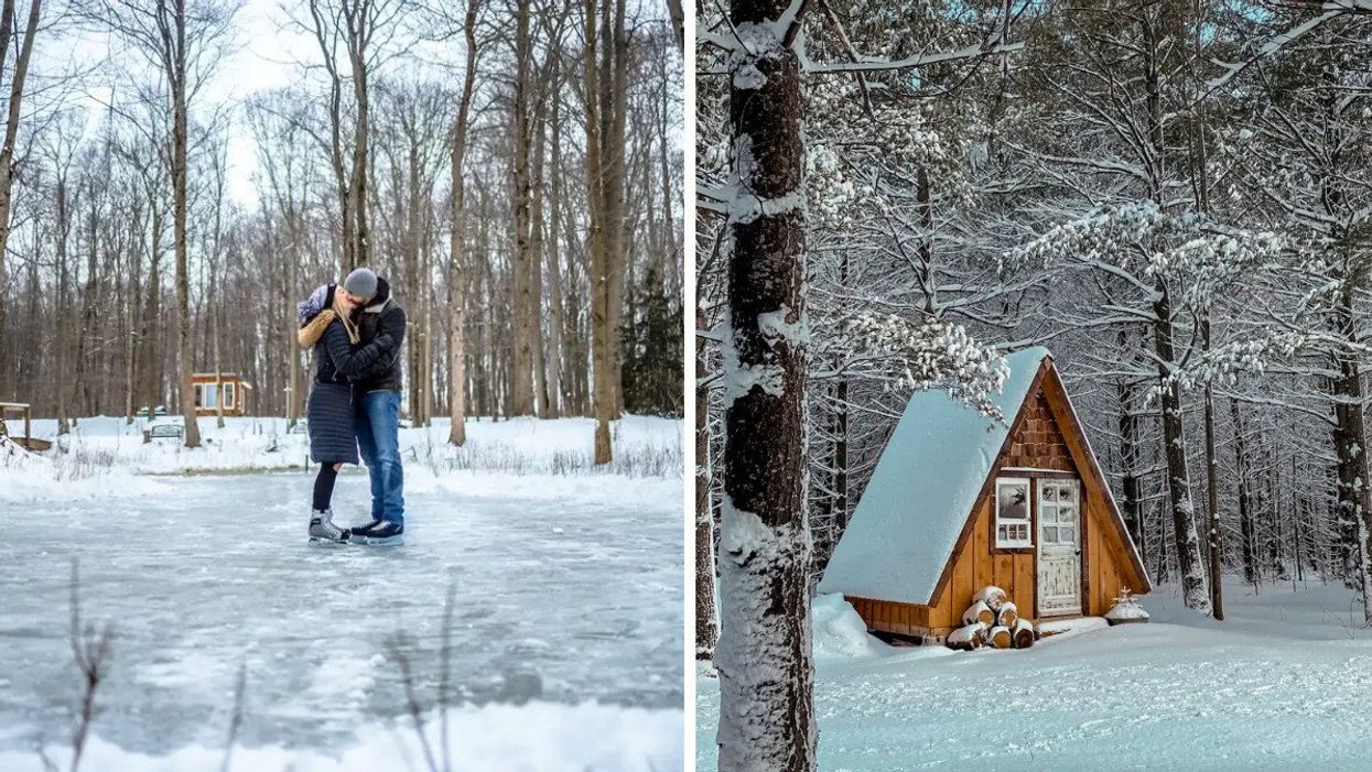 Couple skating. Right: A-frame cabin in the winter.