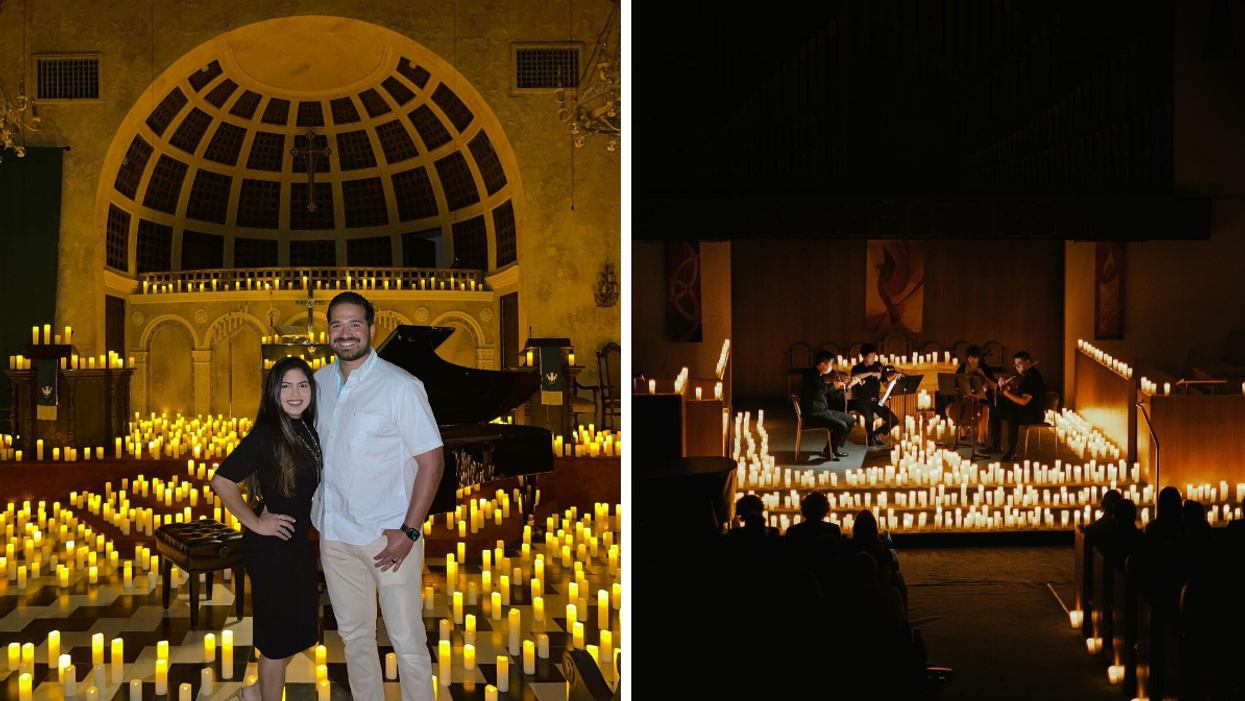 Couple standing at a church altar full of candles. Right: A string quartet candlelight concert.