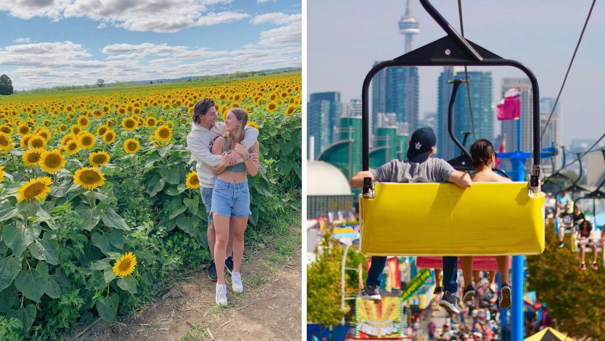 Couple standing in a sunflower field. Right: Couple sitting on a ride at the CNE.