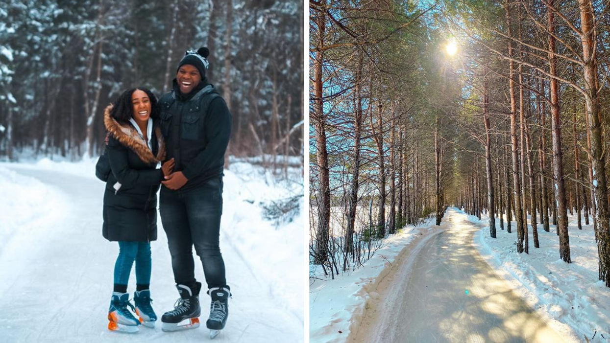 Couple sur le sentier de glace du Domaine Enchanteur. Droite : Sentier de glace du Domaine Enchanteur.