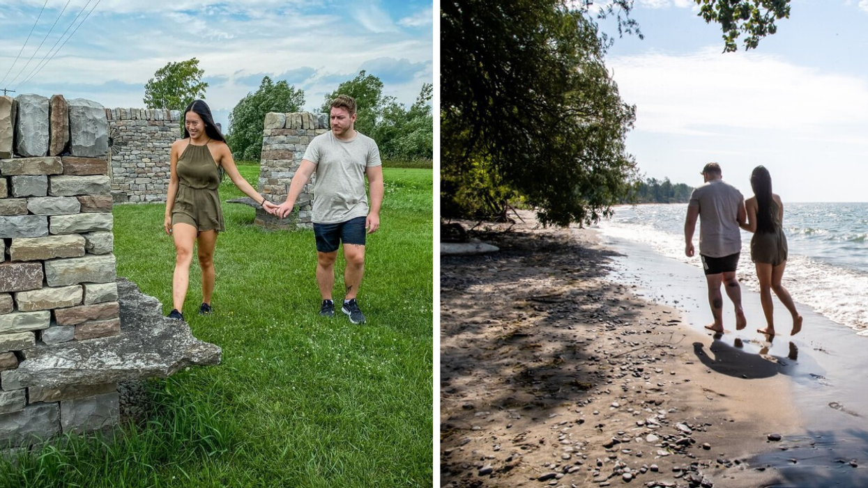 Couple walking through dry stone walls on Amherst Island. Right: Sandy island beach in Ontario.