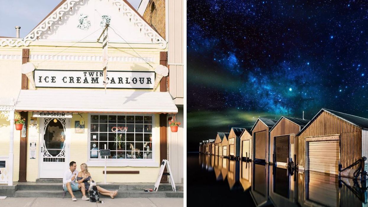 Couple with a dog sitting outside a yellow ice cream shop. Right: Boathouses beneath a starry sky.