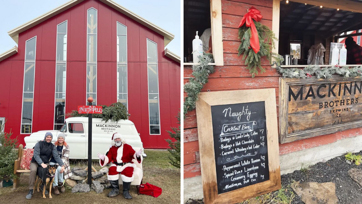 Couple with Santa in front of a red barn. Right: Festive cocktail bar with a naughty drink sign.