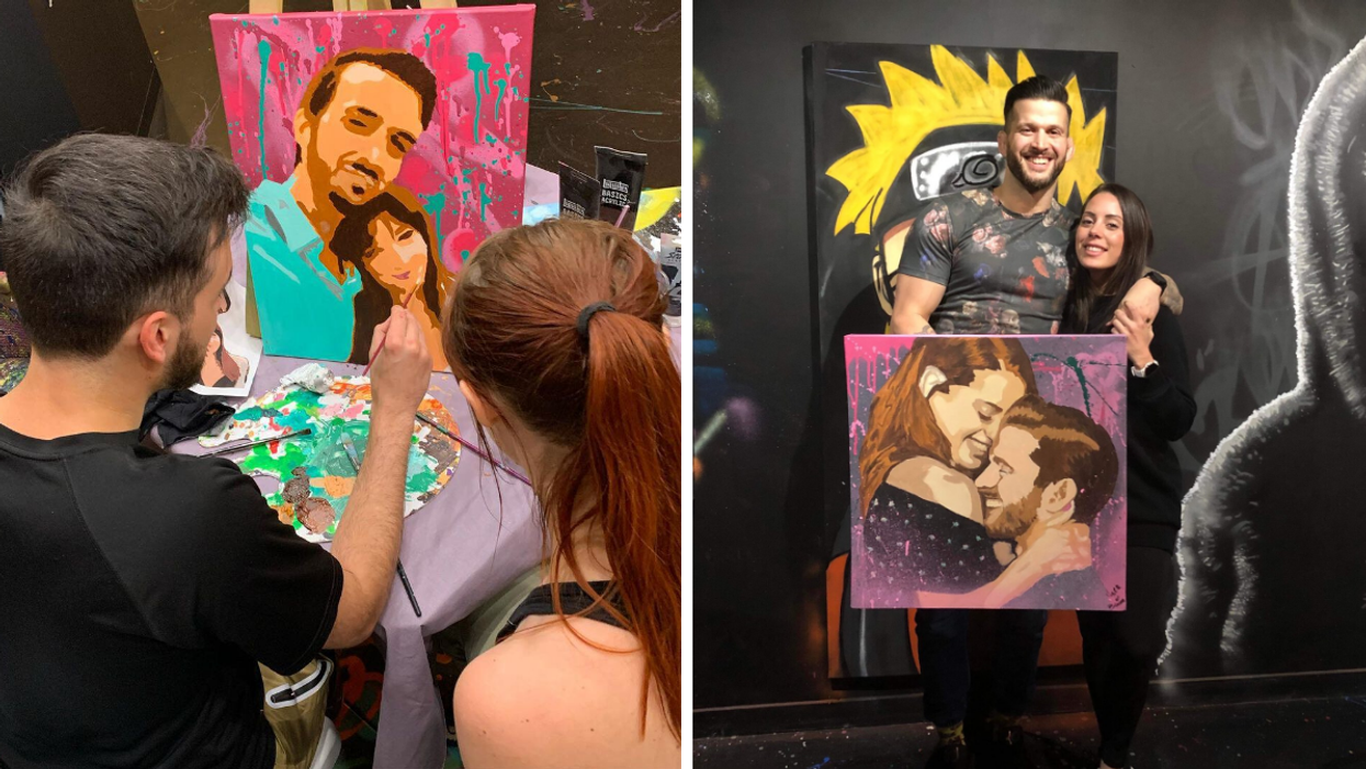 Couples painting a personal photo of themselves in a private art class near Ottawa.