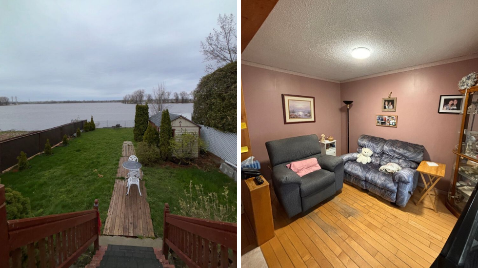 Cour d'une maison de plain-pied \u00e0 vendre. Droite : Salon d'une maison de plain-pied \u00e0 vendre.