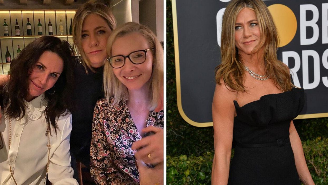 Courteney Cox, Jennifer Aniston and Lisa Kudrow. Right: Jennifer Aniston at the 2020 Golden Globe Awards.