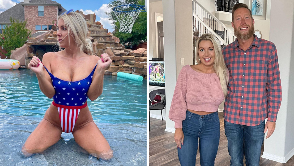 Courtney Ann in a red, white and blue swimsuit inside a pool. Right: Courtney and Nick together inside their home.