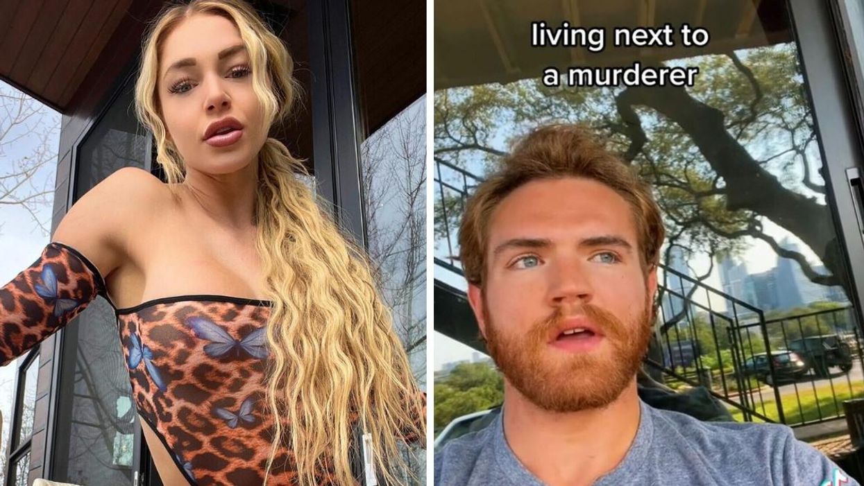Courtney Clenney in a leopard top. Right: A man on TikTok sharing his experience living next to Clenney and her boyfriend in Austin, TX.