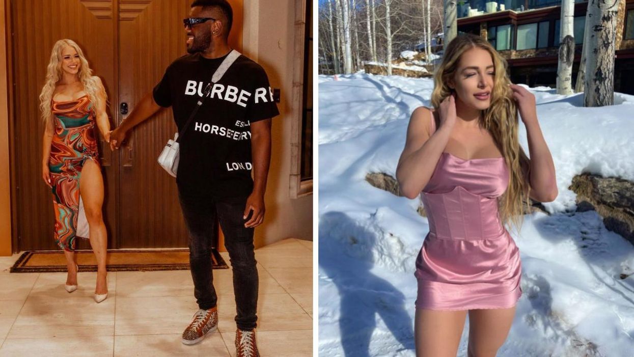 Courtney Tailor and Christian Obumseli holding hands. Right: Courtney Tailor outside in the snow in a pink dress.