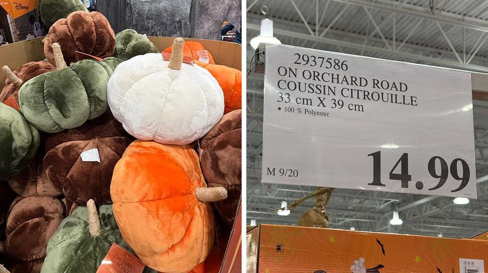 Coussins d\u00e9coratifs en forme de citrouille vendus chez Costco. Droite : Affiche de prix Costco pour les coussins citrouilles.