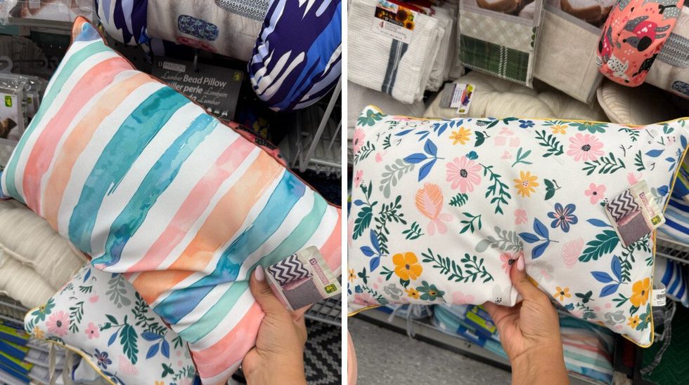 Coussins ext\u00e9rieurs d\u00e9coratifs color\u00e9s \u00e0 rayures ou \u00e0 fleurs au Dollarama.