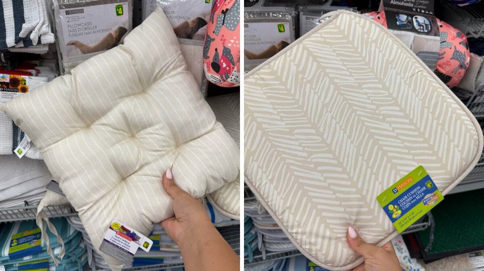 Coussins pour chaises beige de diff\u00e9rents styles vendus au Dollarama.