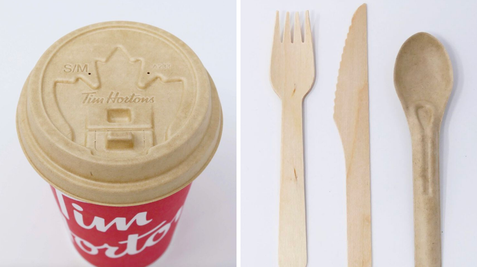 Couvercles de caf\u00e9 \u00e9coresponsable. Droite : ustensiles faits de fibres de bois.