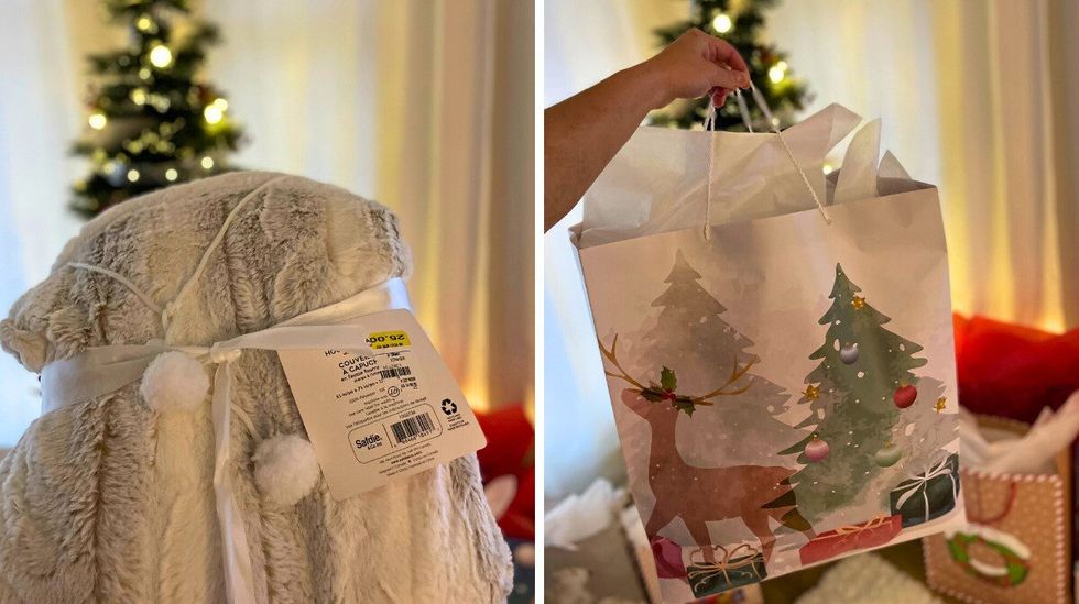 Couverture douillette p\u00e2le avec capuchon. Droite : Couverture douillette p\u00e2le avec capuchon emball\u00e9e dans un sac cadeau festif.