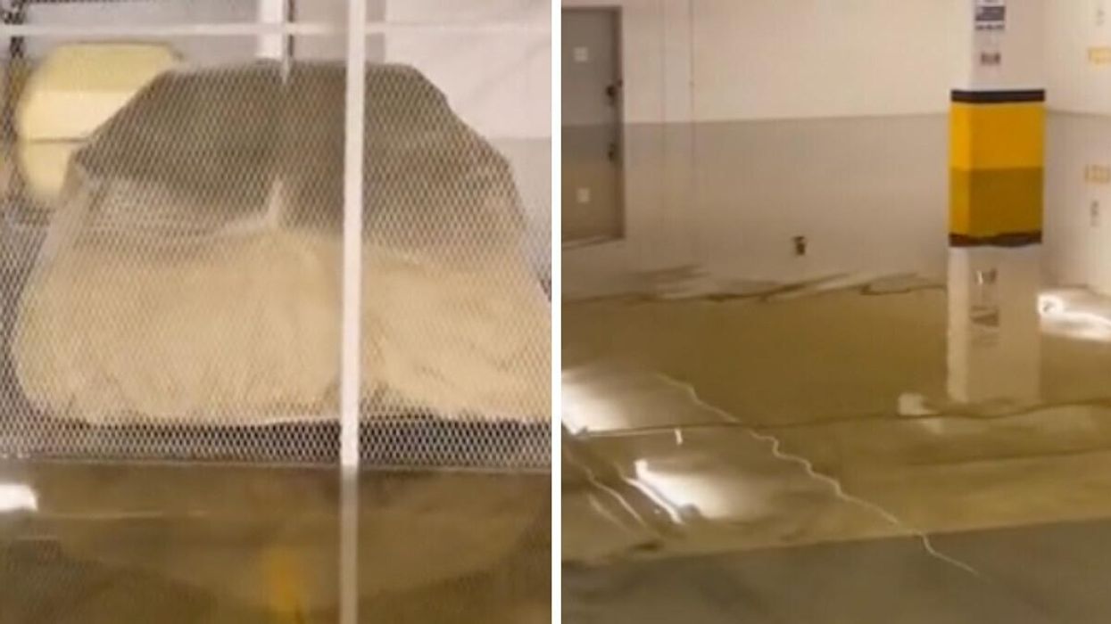 Covered cars sitting in water. Right: Flooding in the parkade.