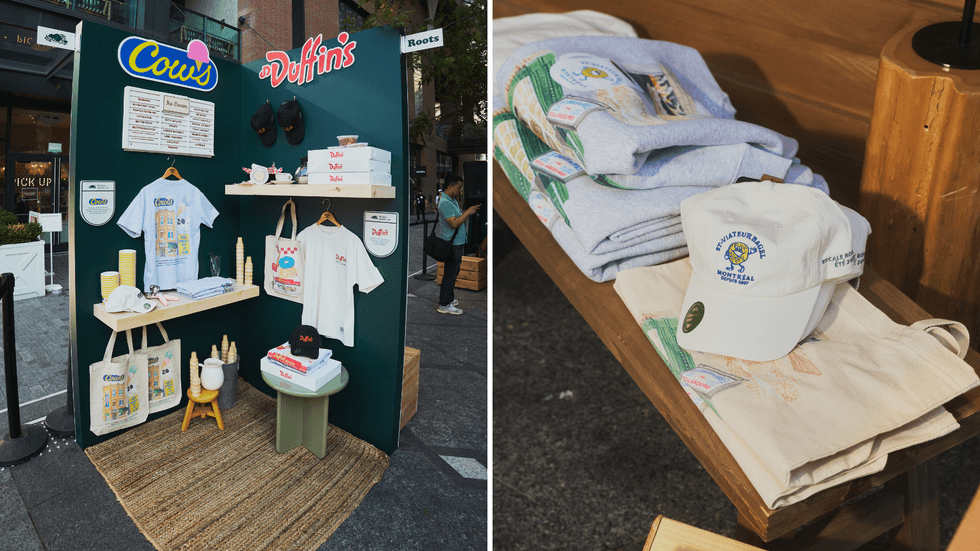 Cows and Duffins merch at Route 73. Right: St-Viateur Bagel merch.
