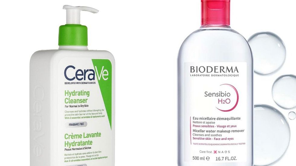 Cr\u00e8me nettoyante de CeraVe. Droite : Eau micellaire de Bioderma.