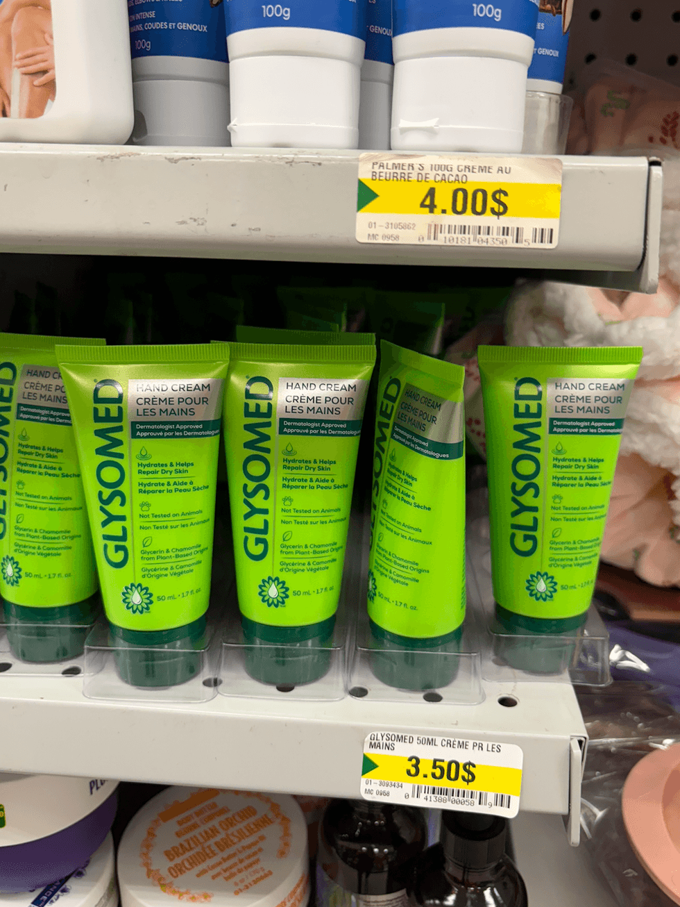 Cr\u00e8me pour les mains Glysomed sur les tablettes du Dollarama.