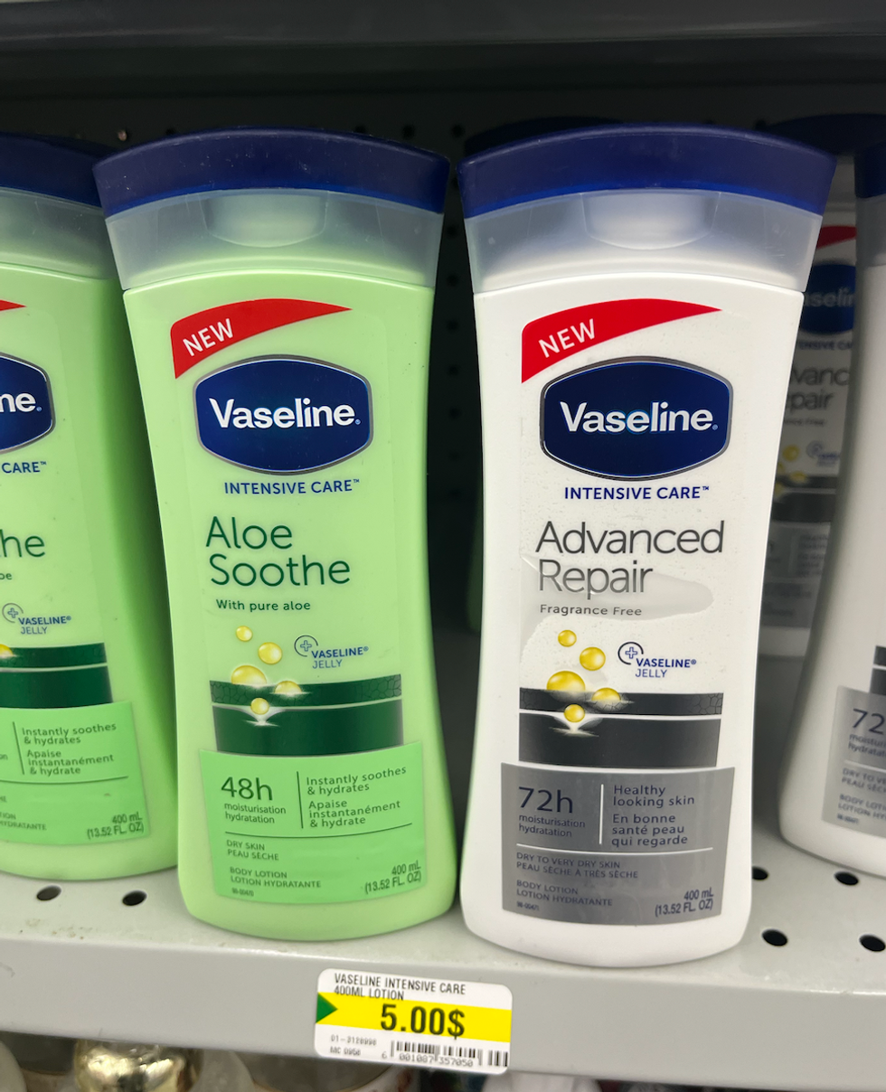 Cr\u00e8mes de marque Vaseline sur les tablettes au Dollarama.