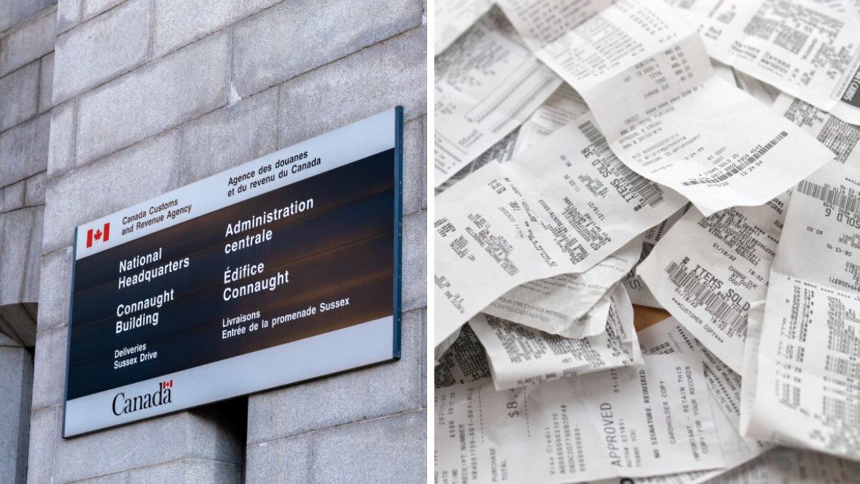 CRA National Headquarters in Ottawa. Right: Receipts for filing taxes.