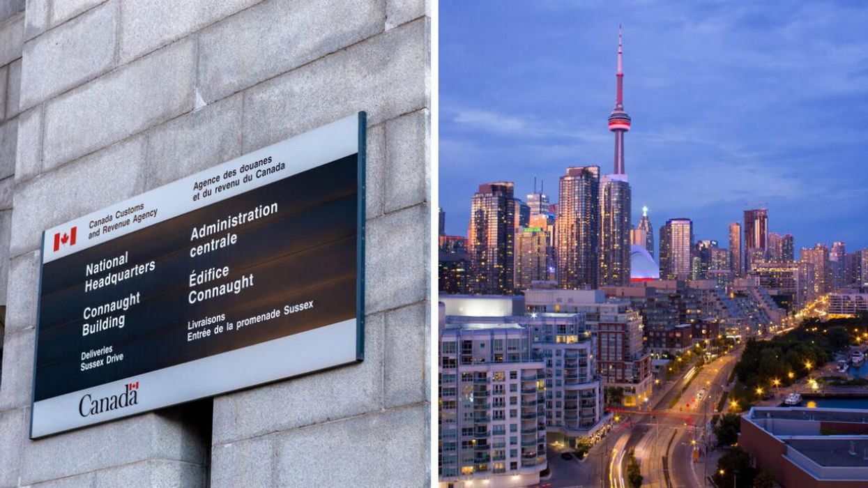 CRA sign. Right: Toronto at dusk.
