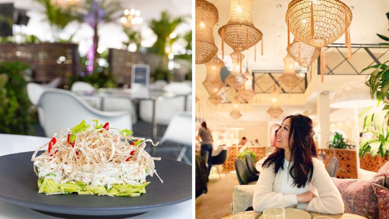Crab Salad at Harbour 60. Right: Girl sitting in a restaurant.