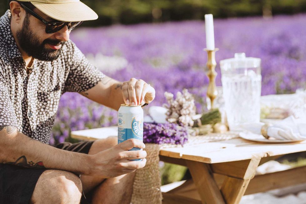 Cracking a lavender beer at the flower farm.