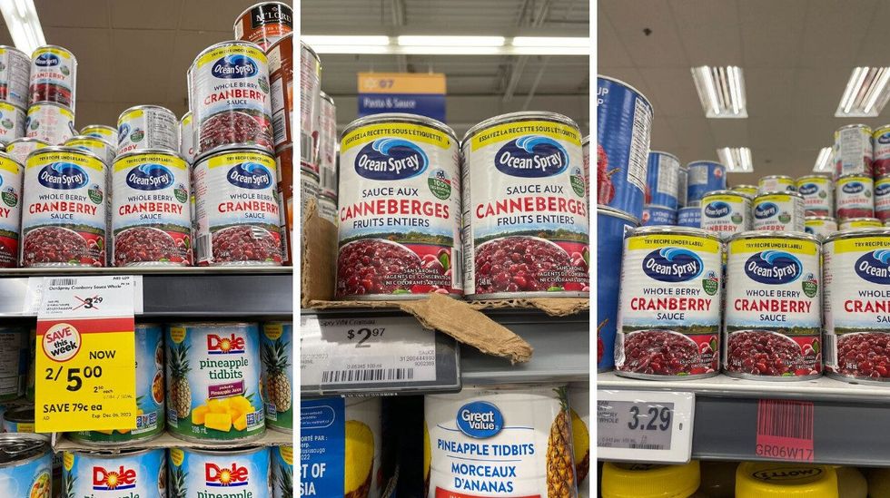 cranberry sauce at sobeys. centre: cranberry sauce at walmart. right: cranberry sauce cans at fortinos.