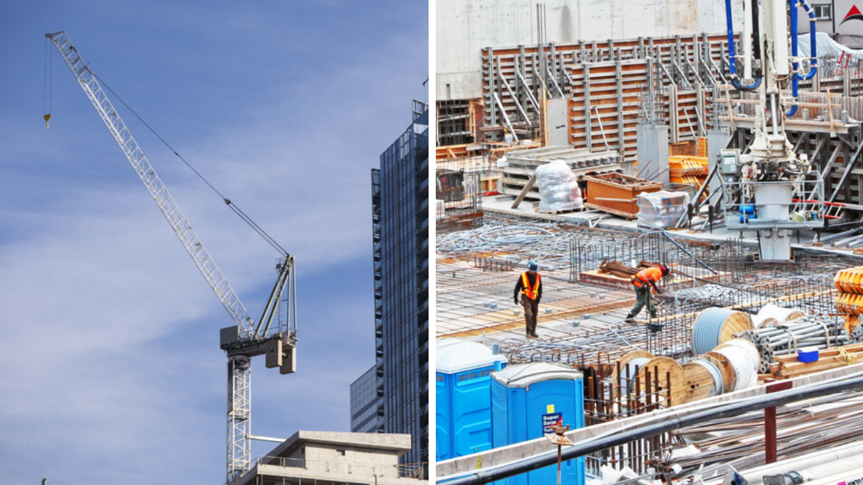 Crane in Toronto skyline. Right: Construction site in Toronto.