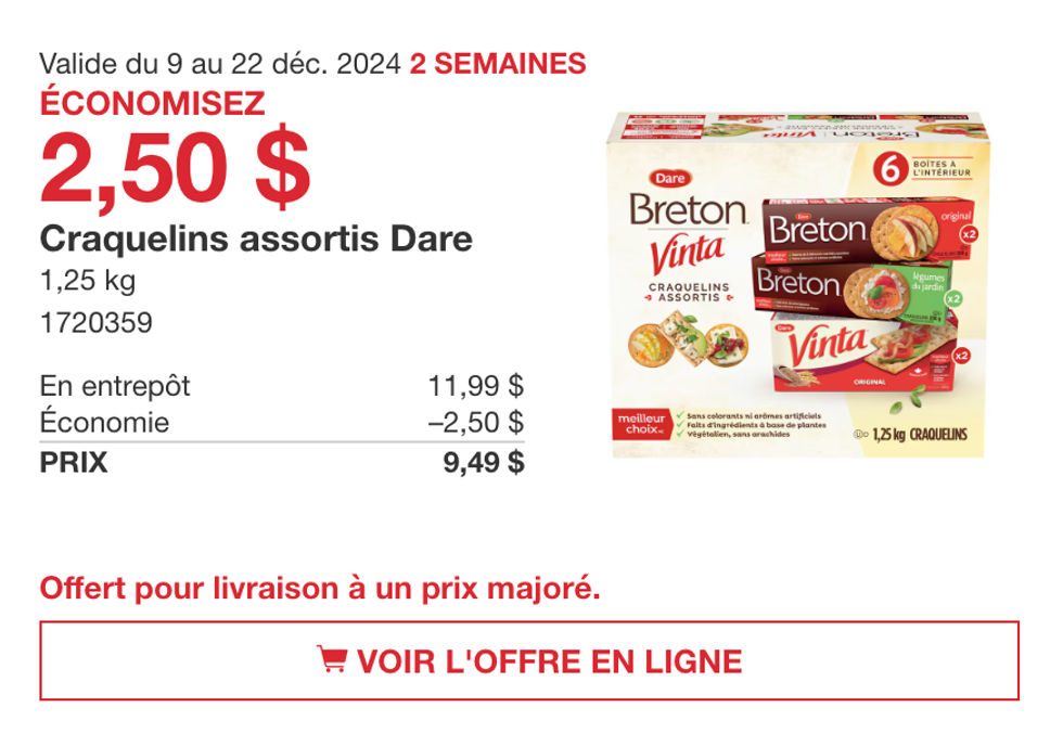 Craquelins assortis de Dare en rabais sur le site de Costco Canada.