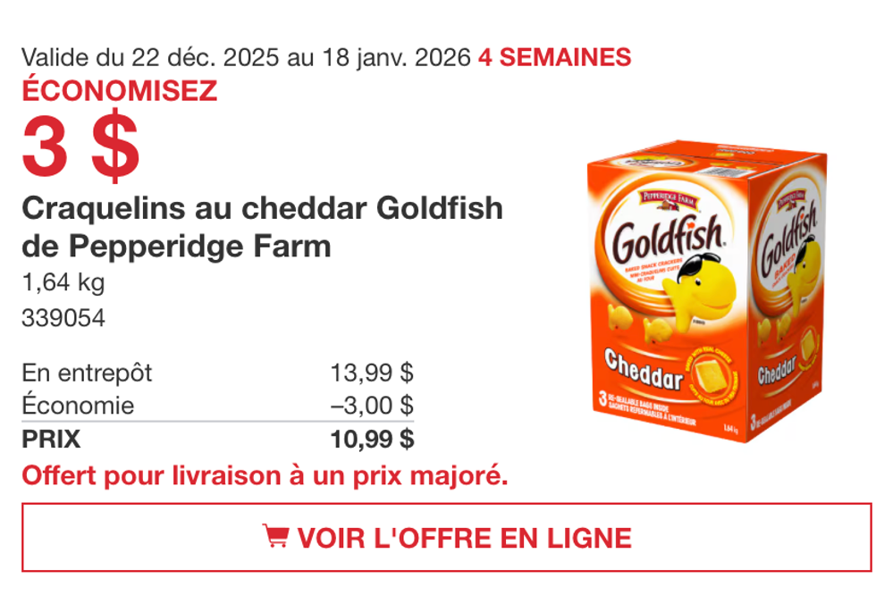 Craquelins au cheddar Goldfish de Pepperidge Farm 1,64 kg sur le site de Costco