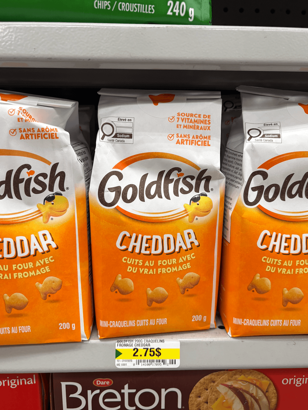 Craquelins Goldfish sur les tablettes du Dollarama.