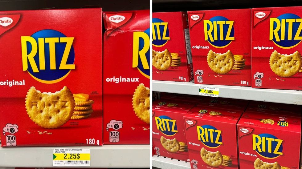 Craquelins Ritz originaux \u00e0 2,25 $. Droite : Craquelins Ritz originaux \u00e0 2,50 $.