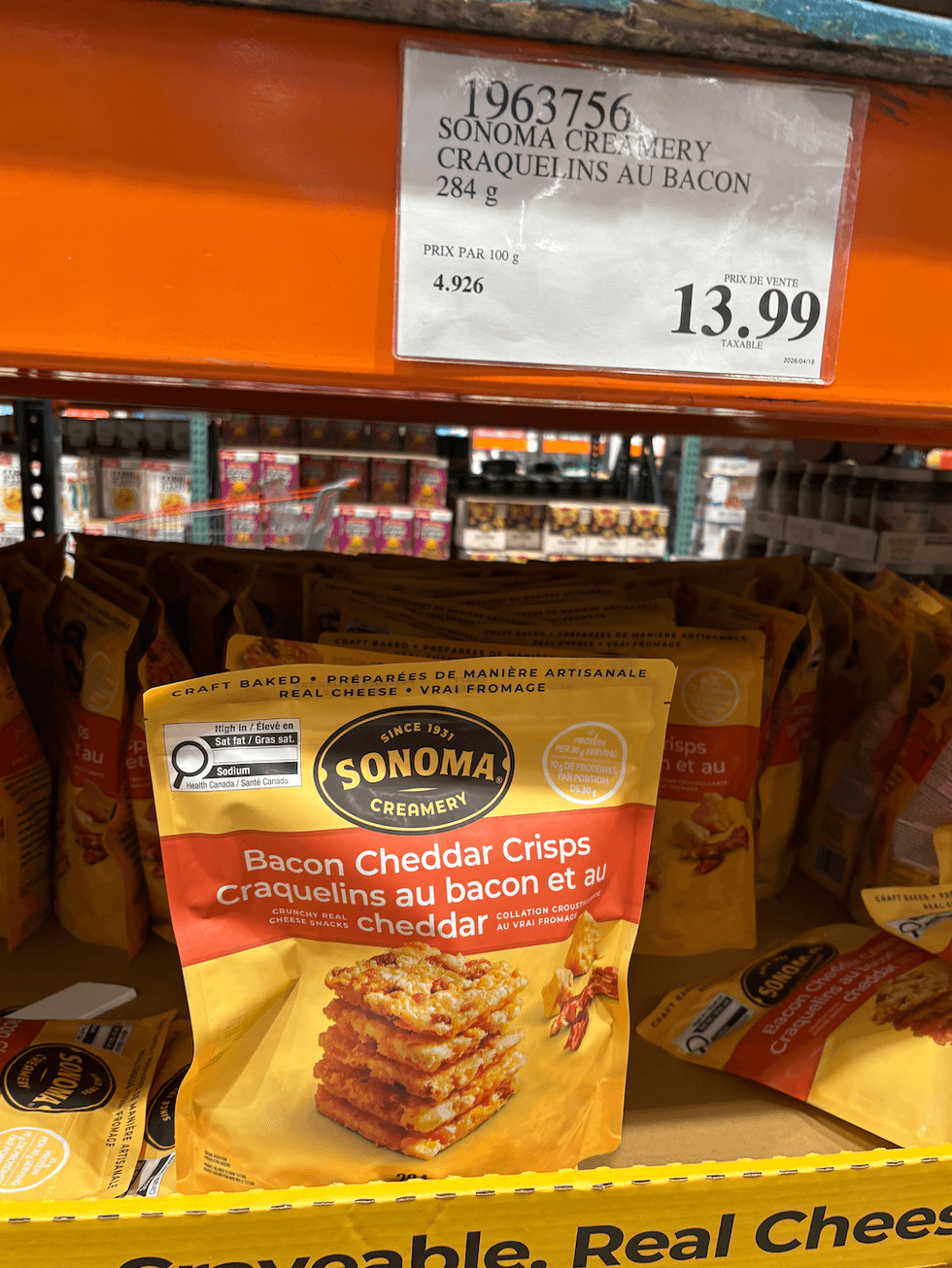 Craquelins Sonoma Creamery au cheddar et bacon faits avec du vrai fromage au Costco.