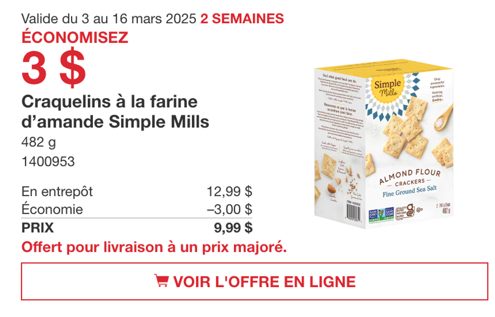 Craquelins \u00e0 la farine d\u2019amande Simple Mills dans la circulaire du site de Costco.