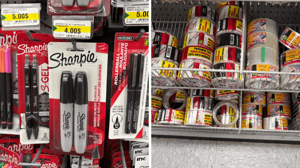 Crayon permanent dans un magasin Dollarama. Droite : du ruban adh\u00e9sif sur les \u00e9tag\u00e8res du Dollarama.