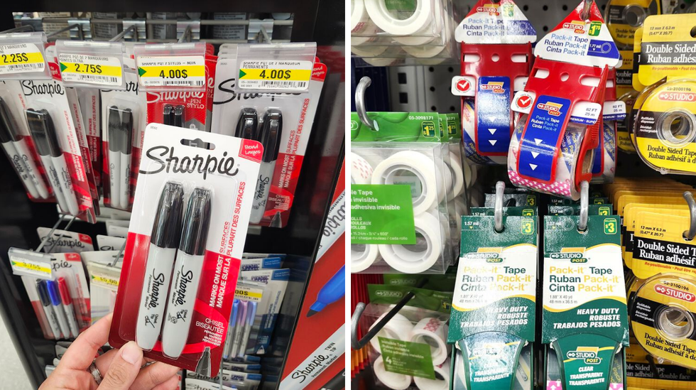 Crayon permanent dans un magasin. Droite : ruban adh\u00e9sif.