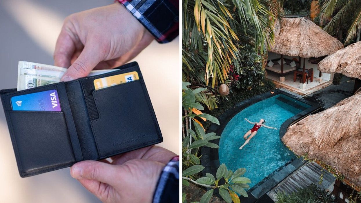 Credit cards in a wallet. Right: Someone in a swimming pool on vacation.