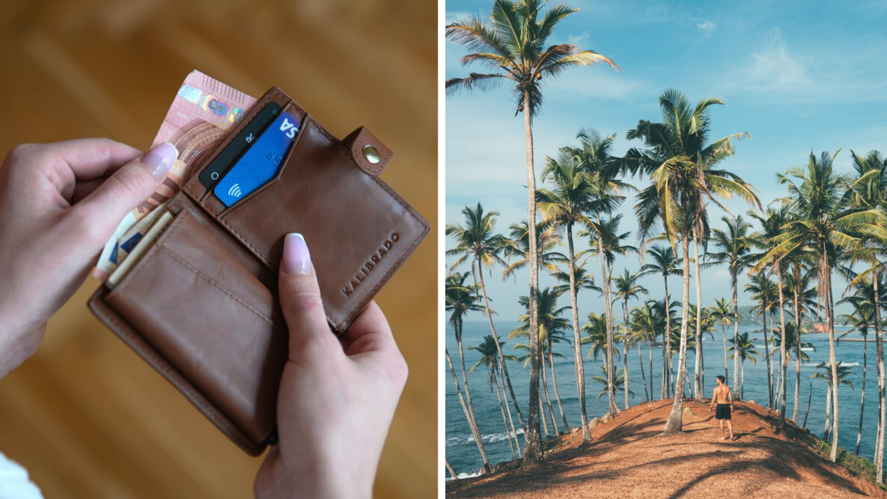Credit cards in a wallet. Right: Someone on vacation