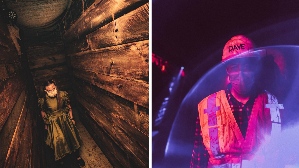 Creepy doll in a haunted hallway. Right: Halloween actor at Sawmill 2.