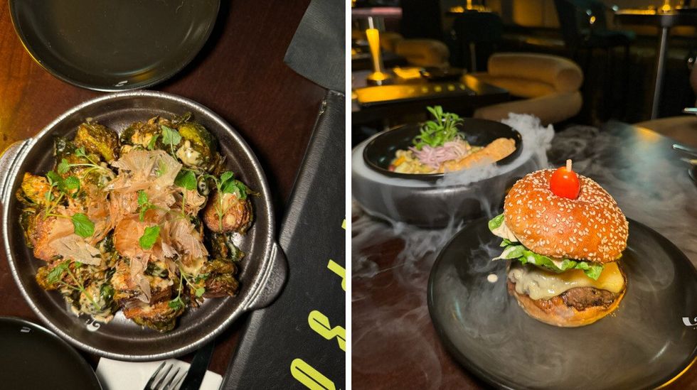 Crispy brussels sprouts topped with bonito flakes. Right: A hamburger and a plate of ceviche in dry ice.