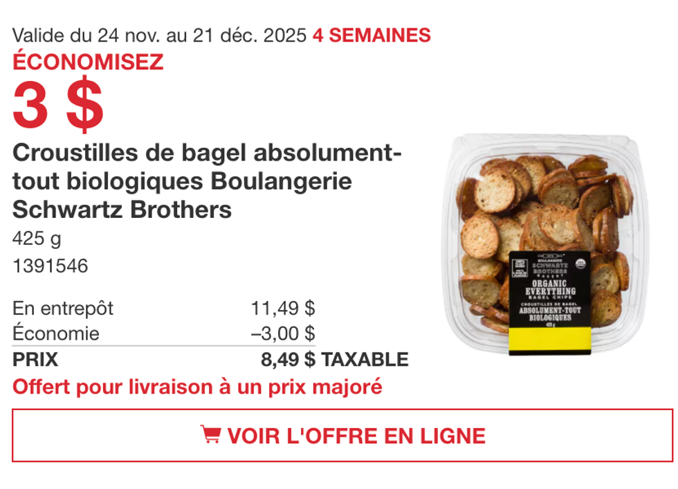 Croustilles de bagel absolument-tout biologiques Schwartz Brothers sur le site de Costco.