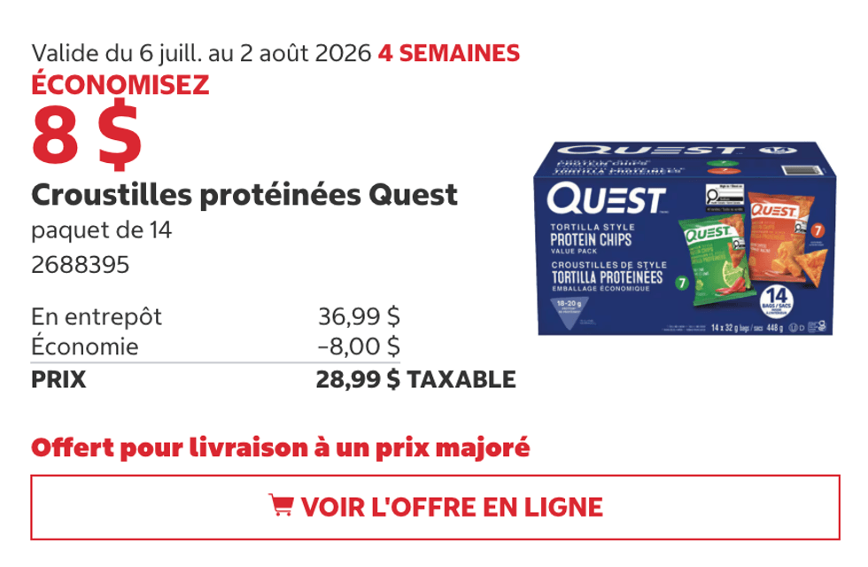 Croustilles prot\u00e9in\u00e9es Quest en rabais au Costco.