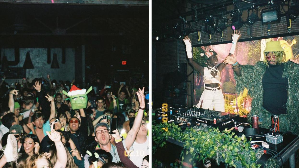 Crowd at Shrek Rave. Right: Sarah Lugor and Ka5sh at Shrek Rave.