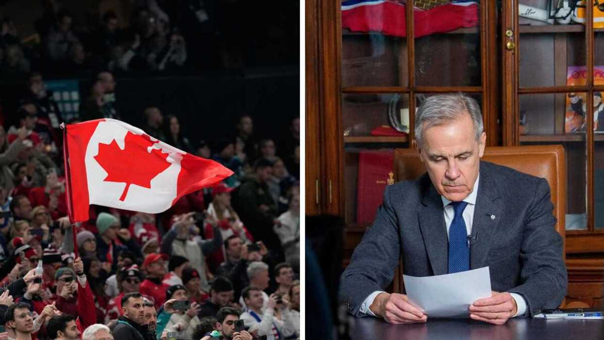 Crowd waves a Canadian flag. Right: Mark Carney sits at a desk.