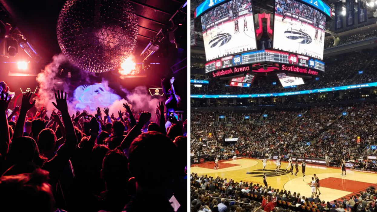 Crowded nightclub. Right: Toronto Raptors game.
