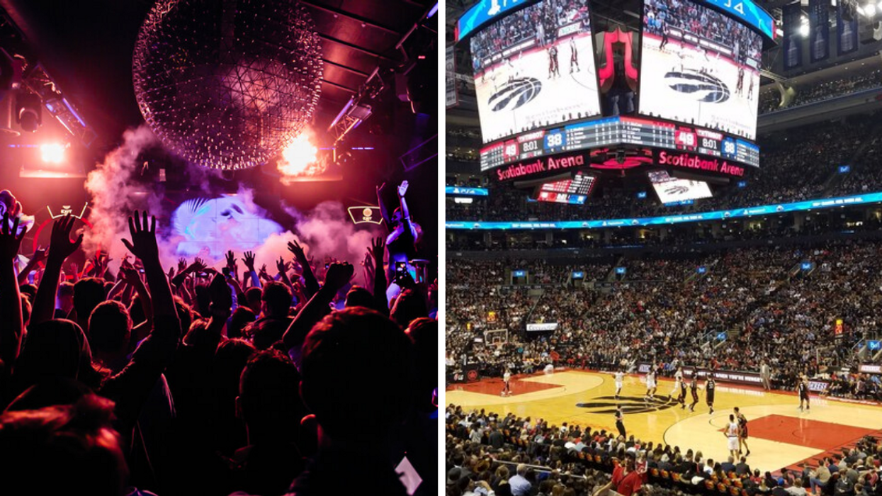 Crowded nightclub. Right: Toronto Raptors game.